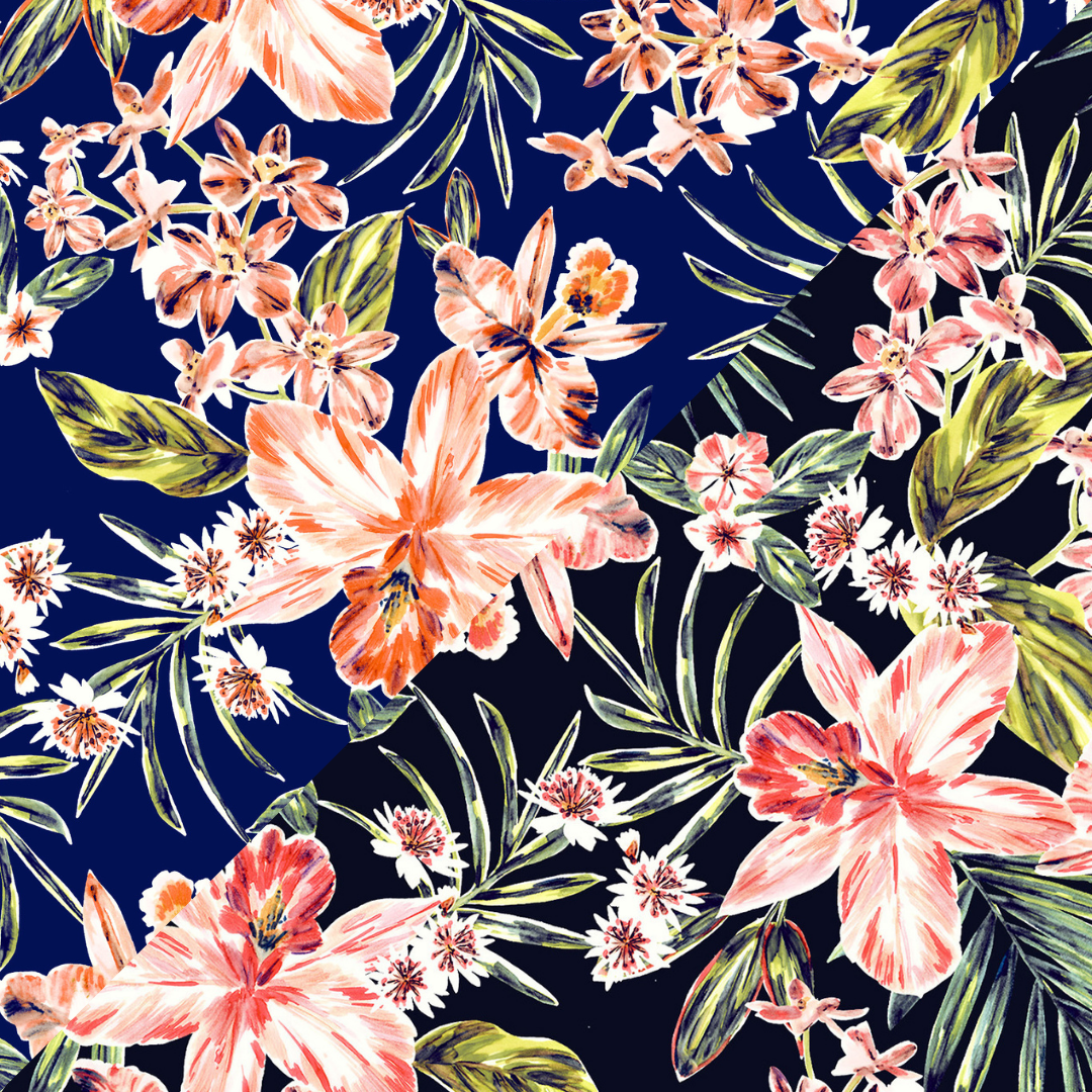 Tropical floral print in original and bespoke colours for unique wedding accessories