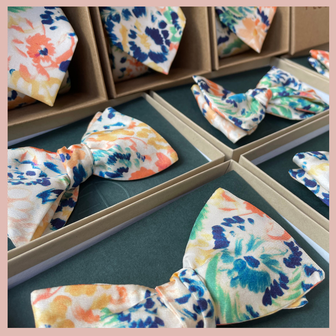 Bespoke floral wedding ties and bow ties in eco-friendly packaging