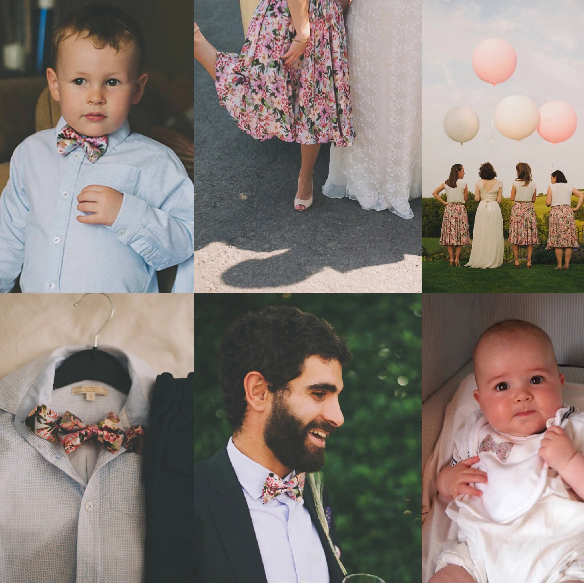 Francis + Louise bespoke wedding accessories including toddler’s bow tie, baby bib, groomsmen bow tie and custom floral bridesmaid skirts
