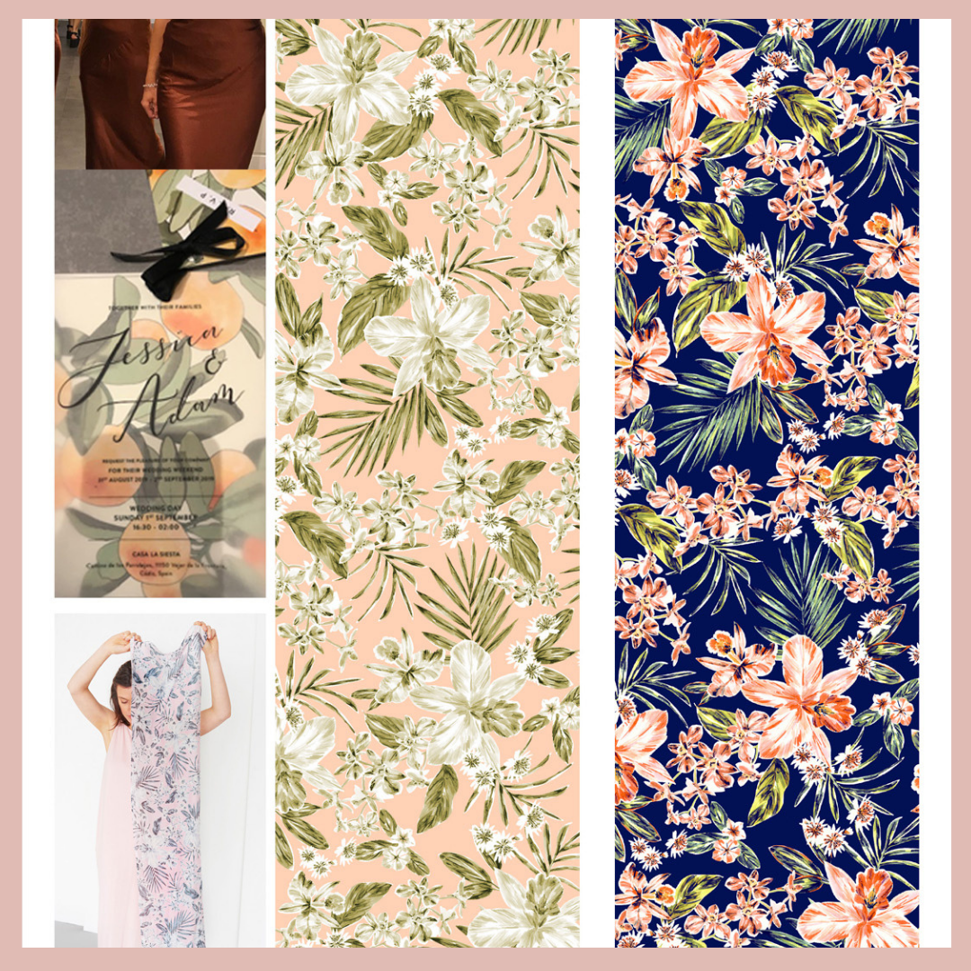 Tropical floral print recoloured by Francis + Louise to be used for wedding accessories