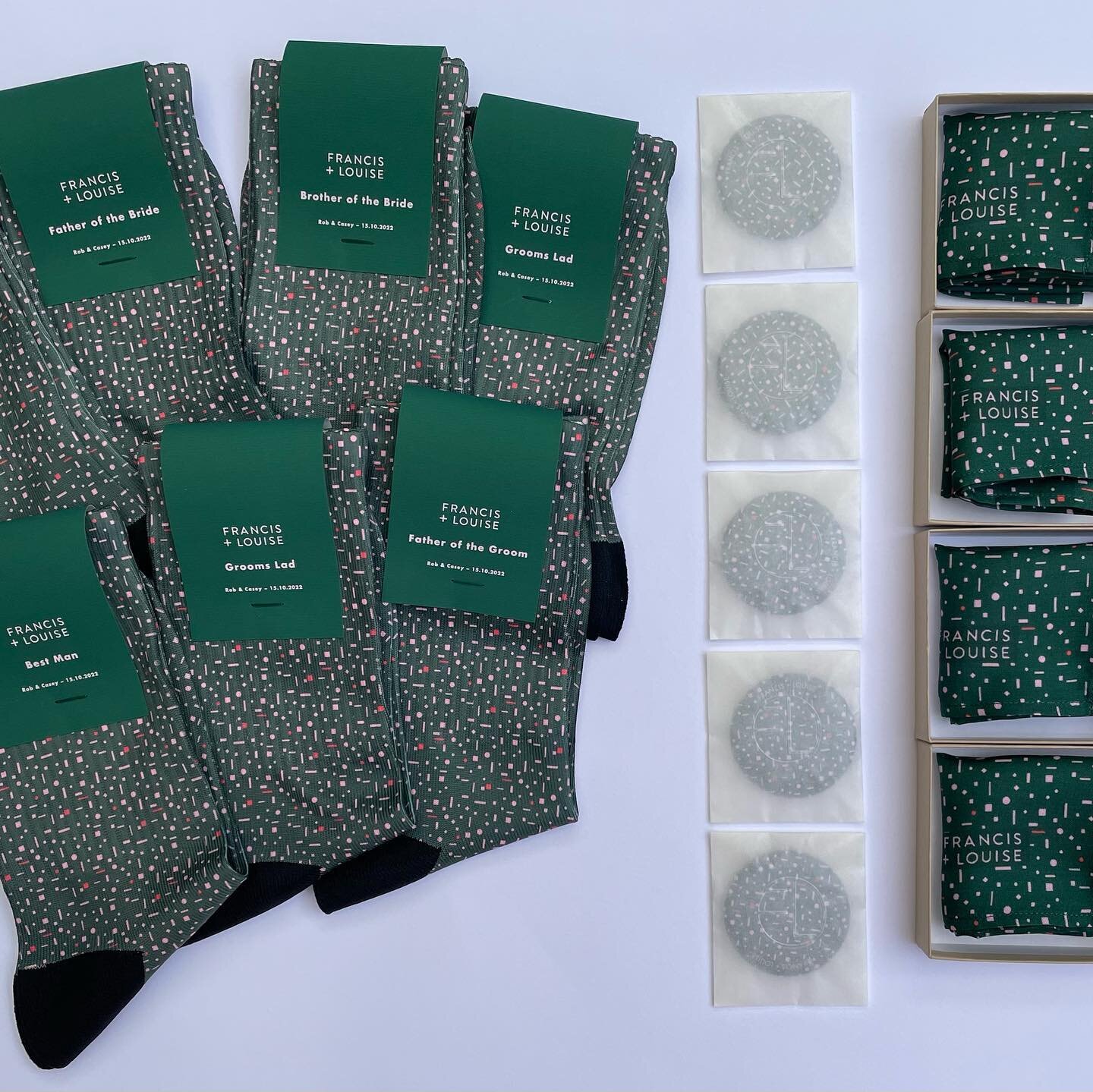 I Loved making the wedding order. I Created Bespoke printed wedding socks with personalised packaging. In my popular Ariel green print along with matching pocket mirrors and pocket squares. 

If you like this look of this come see you can see me @the