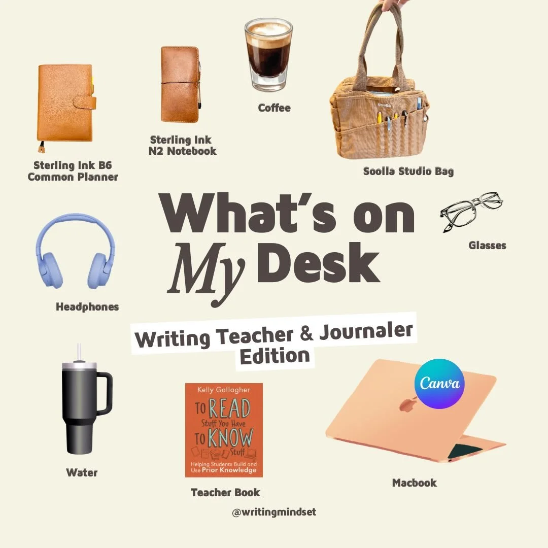 What&rsquo;s on my desk today: Teacher + Journaler Edition ☕📓

&bull; @hey_soolla Studio bag filled with ideas &bull; Fresh coffee keeping the thoughts flowing &bull; @sterlingink Notebooks for plans + late-night reflections &bull; Headphones for fo