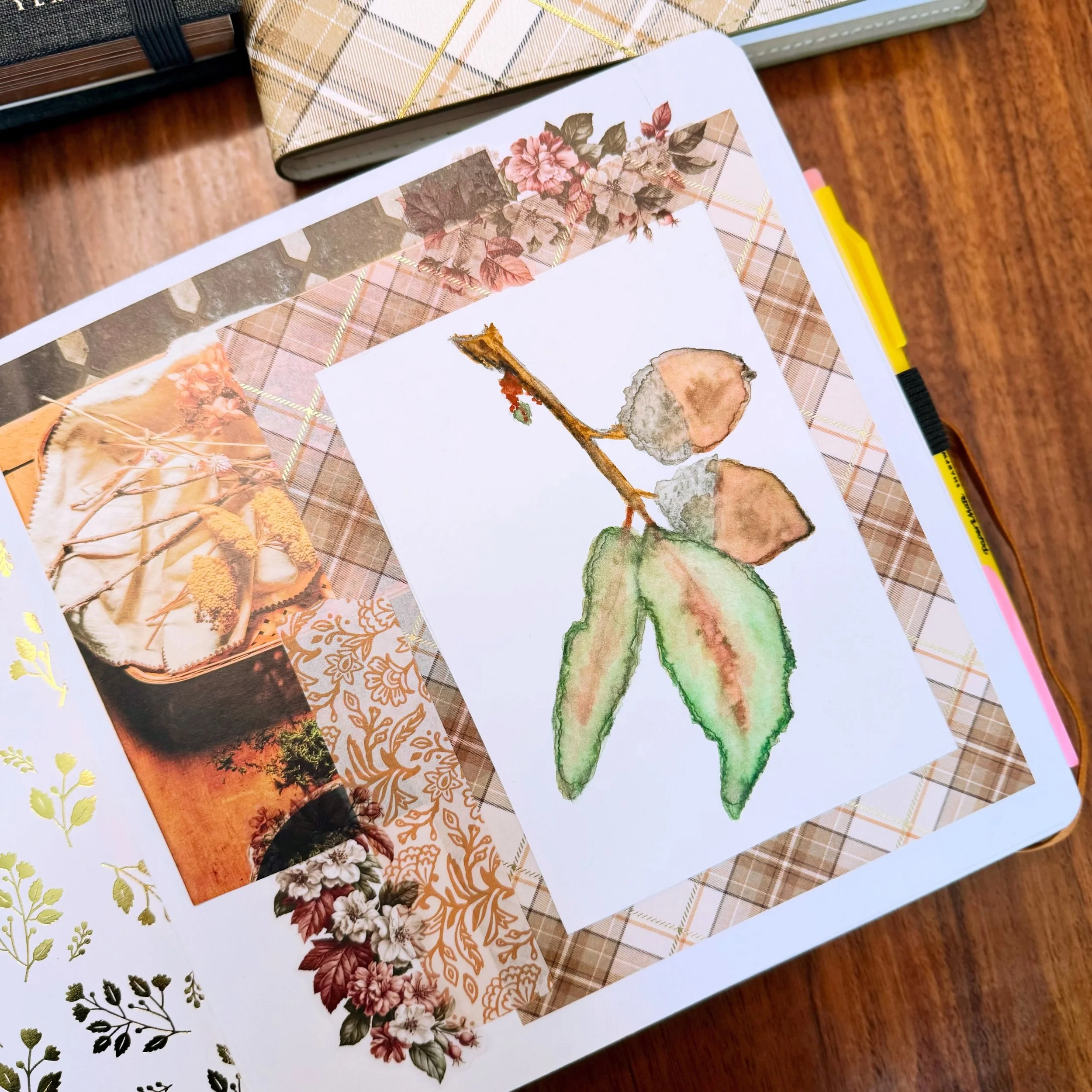 Followed along with a @emilylexstudio autumn tutorial and layered some junk journal pieces into my art notebook. 

#watercolor #art #writingmindset #notebook