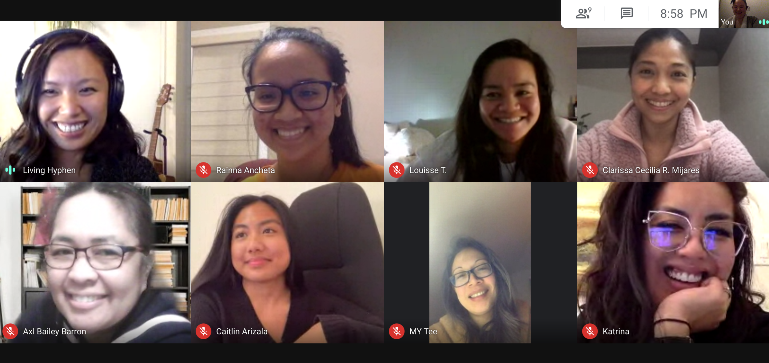 Video conference call with eight women.