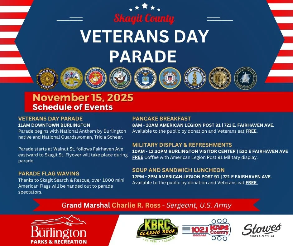 🇺🇸 Veterans Day Parade is today at 11am! Don't miss this year for the 29th annual Skagit County Veterans Day Parade and Flyover on Fairhaven Avenue in Downtown Burlington.