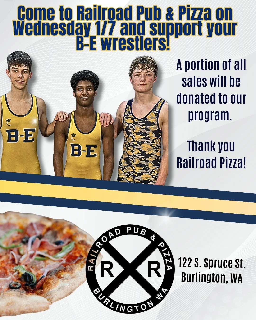 TODAY! Join us to help support the B-E wrestling program! Railroad Pub &amp; Pizza will be donating a portion of our sales.