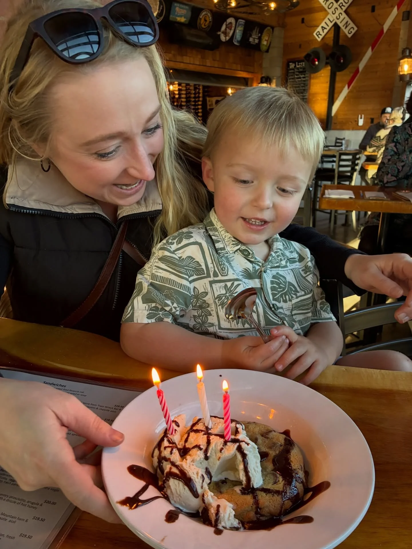 Celebrate with us at Railroad! Happy birthday to Colter who turned 3, had the biggest smile, and blew out his candles on  our big cookie! 🍪 🎉 🥳