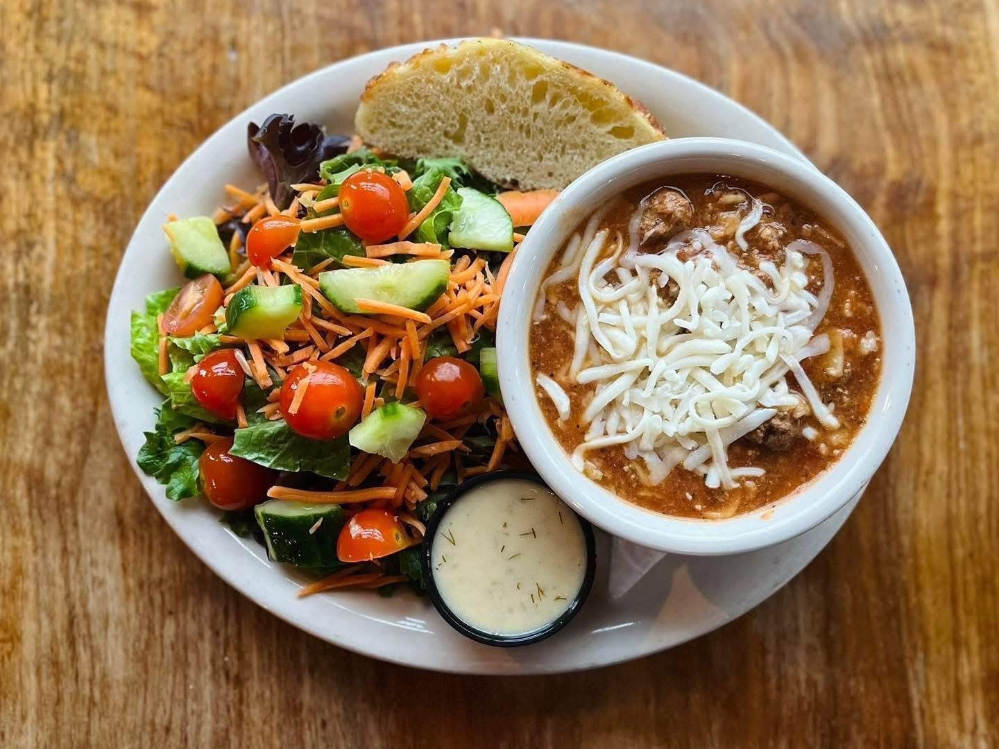 Railroad is back open...and just in time for our lunch special! 😉

Available Monday-Friday, from 11am-3pm. A bowl of soup, your choice of salad, and a slice of bread for $11.