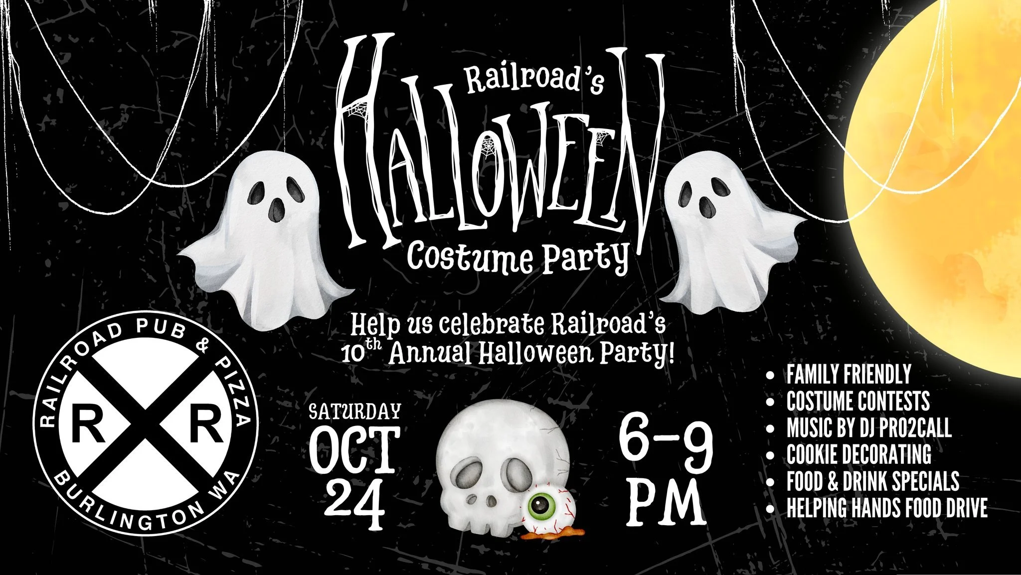 Are you ready?! Railroad Pub &amp; Pizza's 10th Annual Halloween Costume Party is on Saturday, October 24th, from 6pm-9pm. 👻 Kid friendly event for the whole family! 🎃

▪️ Costume Contests
▪️ Music with DJ PRO2CALL
▪️ Drink &amp; Food Specials
▪️ C