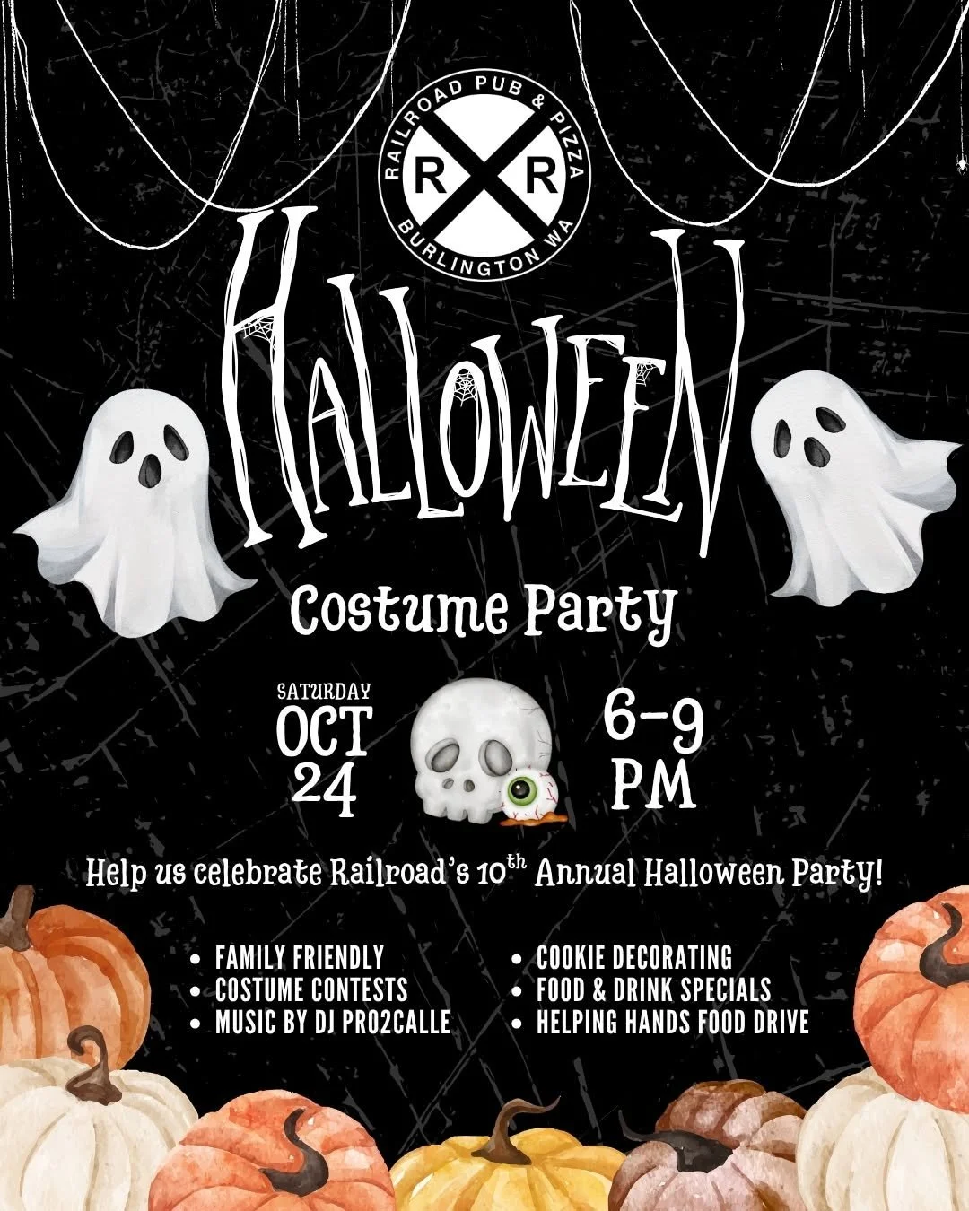 TONIGHT! Railroad Pub &amp; Pizza's 10th Annual Halloween Costume Party is this evening, from 6pm-9pm. 👻 Kid friendly event for the whole family! 🎃

▪️ Costume Contests
▪️ Music with DJ PRO2CALL
▪️ Drink &amp; Food Specials
▪️ Cookie Decorating for