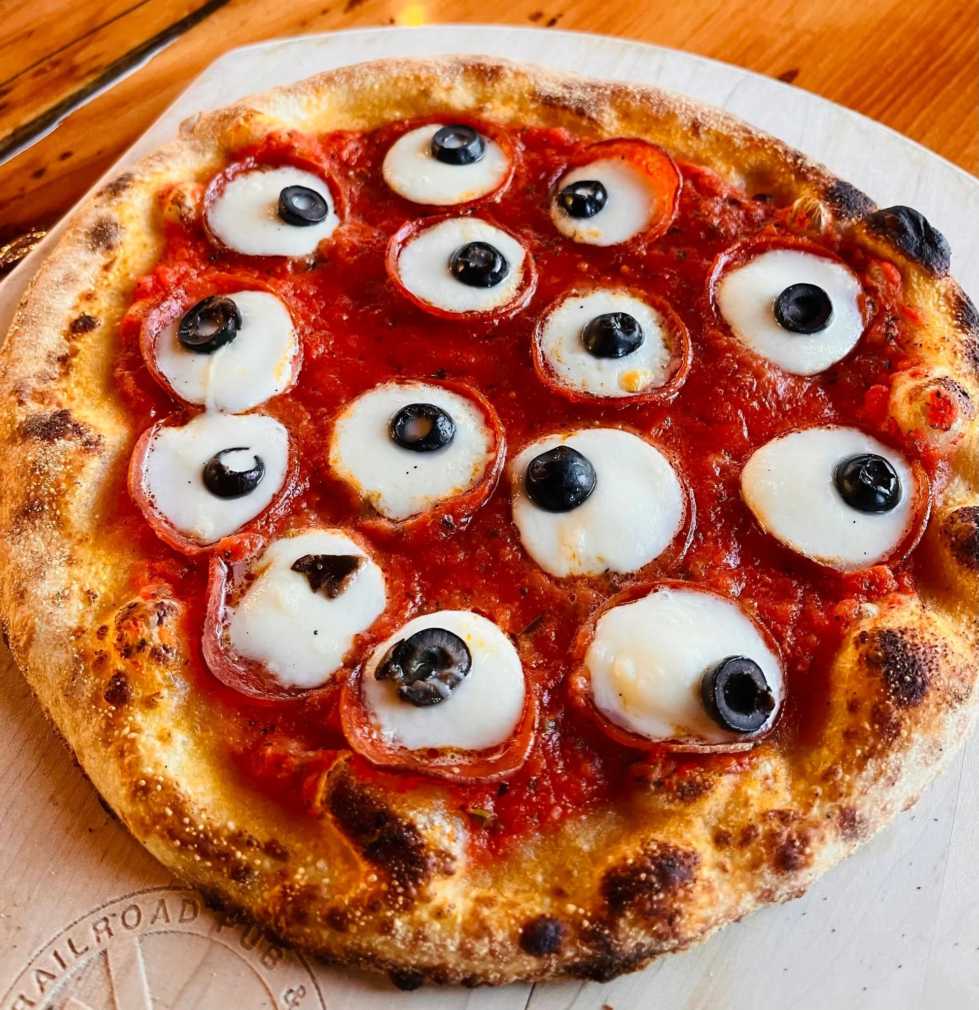 Don't miss this one! 👀 Pepperoni and black olive eyeball pizza&hellip;Available tonight for our 10th Annual Halloween Costume Party until 9PM right here at Railroad Pub &amp; Pizza! 🍕