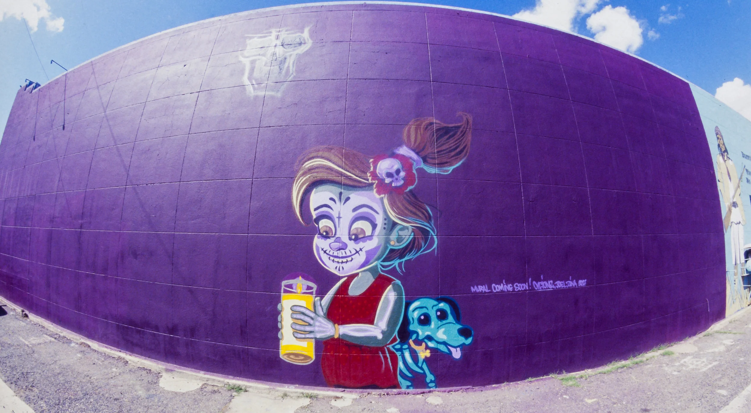 A fisheye view of the in-progress mural at 197 E. Toole Avenue by Rock "Cyfi" Martinez and Joel Valdez. (Kodak Ektachrome 200, expired 1/2002)