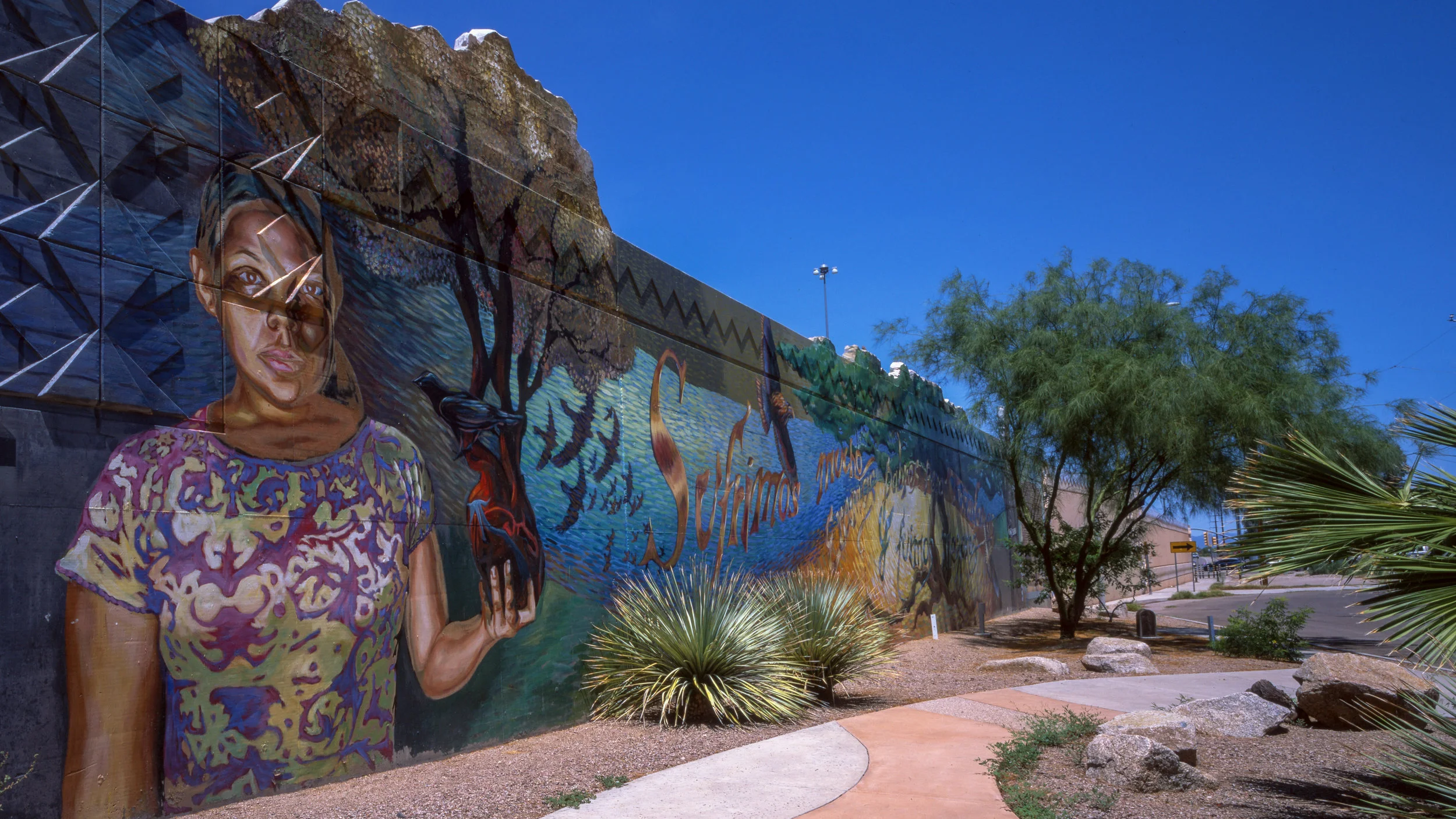 Third & fourth section of Barrio Anita Mural Project: Barrio Anita, Tucson, AZ. Mural by Josh Sarantitus & William Wilson (Fuji Velvia 50, expired)