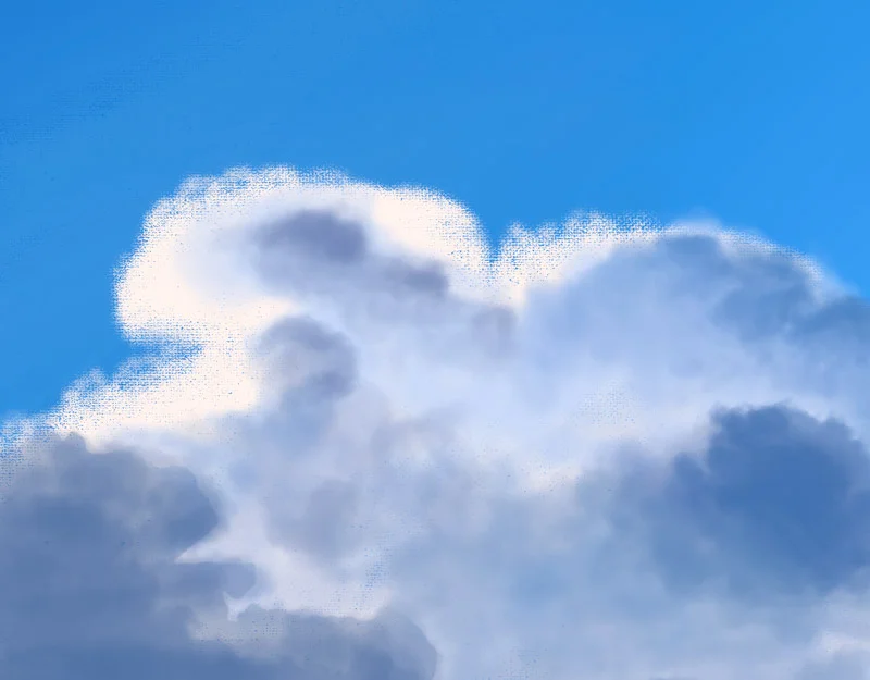 Close up of a portion of the clouds at this point in the painting process.