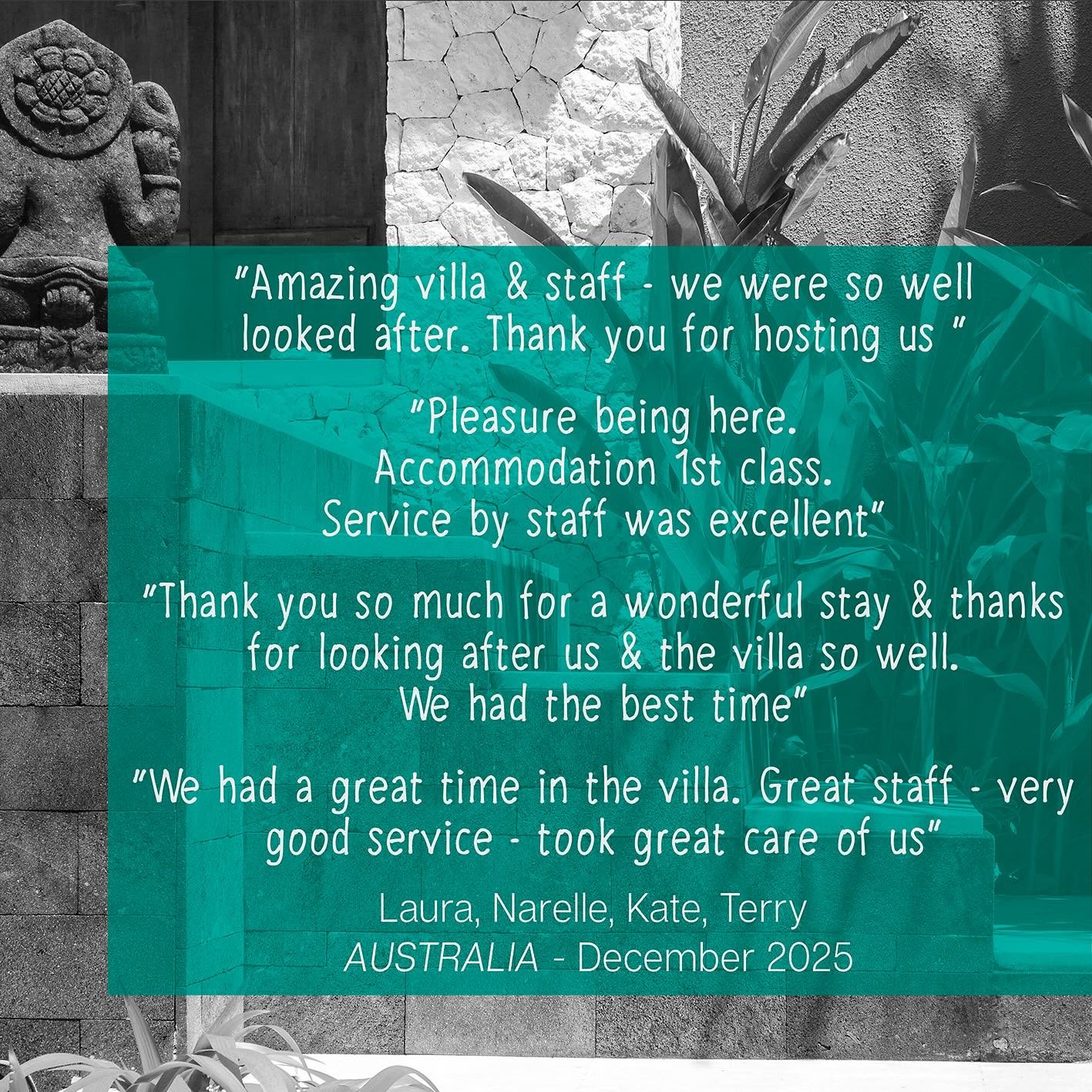 From our guest book. Recent guest&rsquo;s comments staying at Villa Songket over the Christmas and New Year period. #bali #balivilla #umalas #umalaslocal #balivacation #relax #visitbali #wonderfulindonesia #discoverbali #baliaccommodation #balirecomm