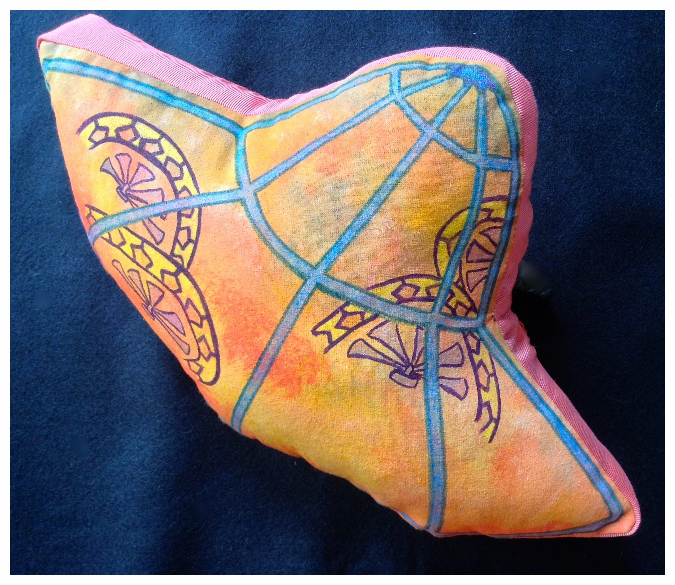 ‘Thru the Window’ 2015, Calico, acrylic paint, recycled Japanese kimono fabric, polyester filling, 41 x 26cm x 8cm deep (irregular)