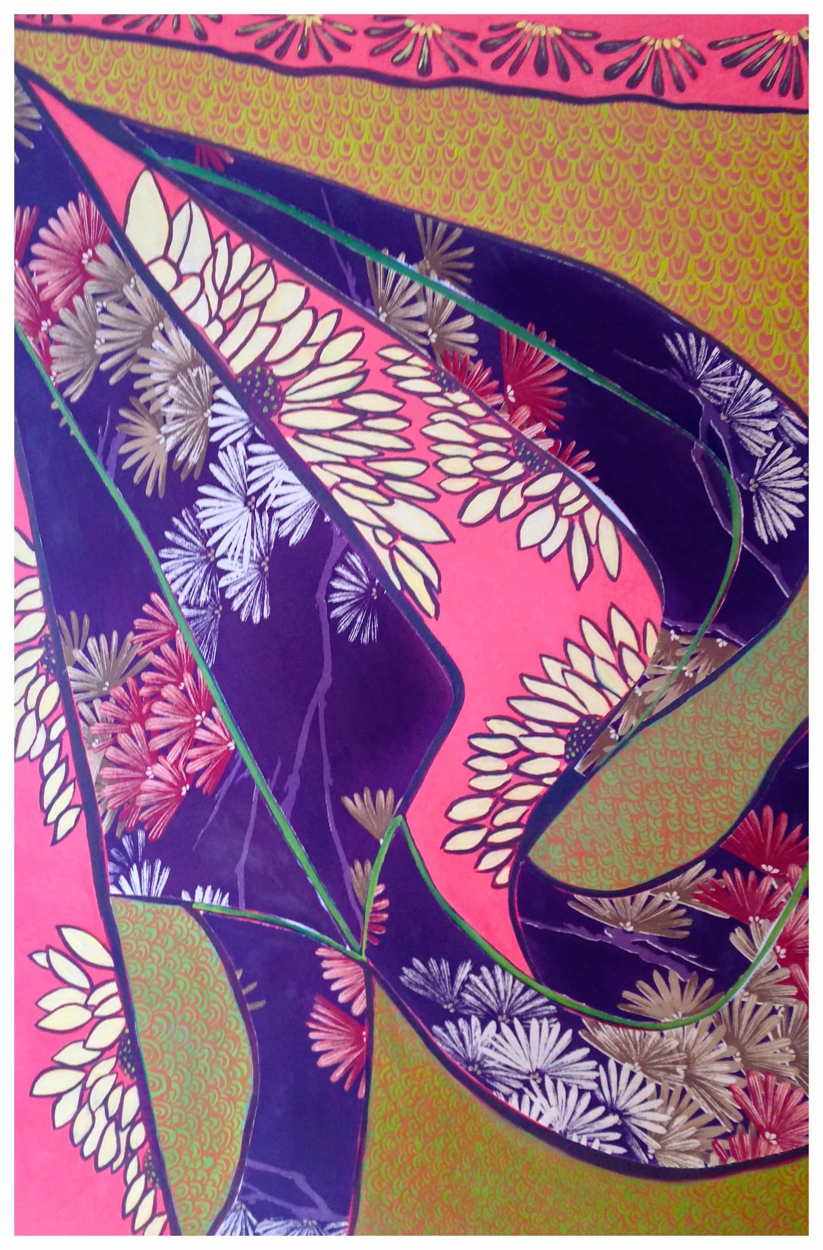 'Joyful' 2015, Mixed media collaged with recycled Japanese kimono, 42 x 29.5 cm