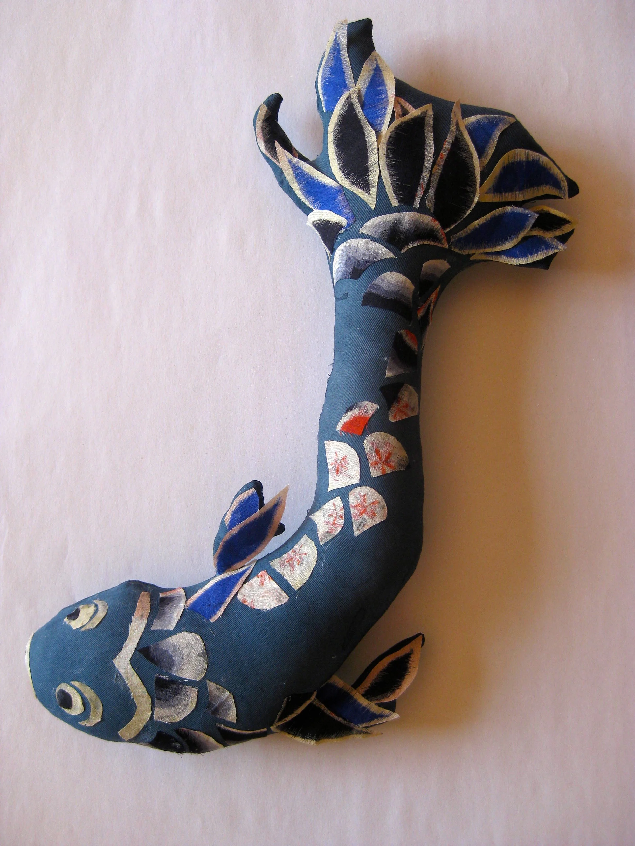 'Carp' 2015, Calico, acrylic paint, recycled Japanese kimono fabric, polyester filling, 46 x 17.5 cm (irregular)