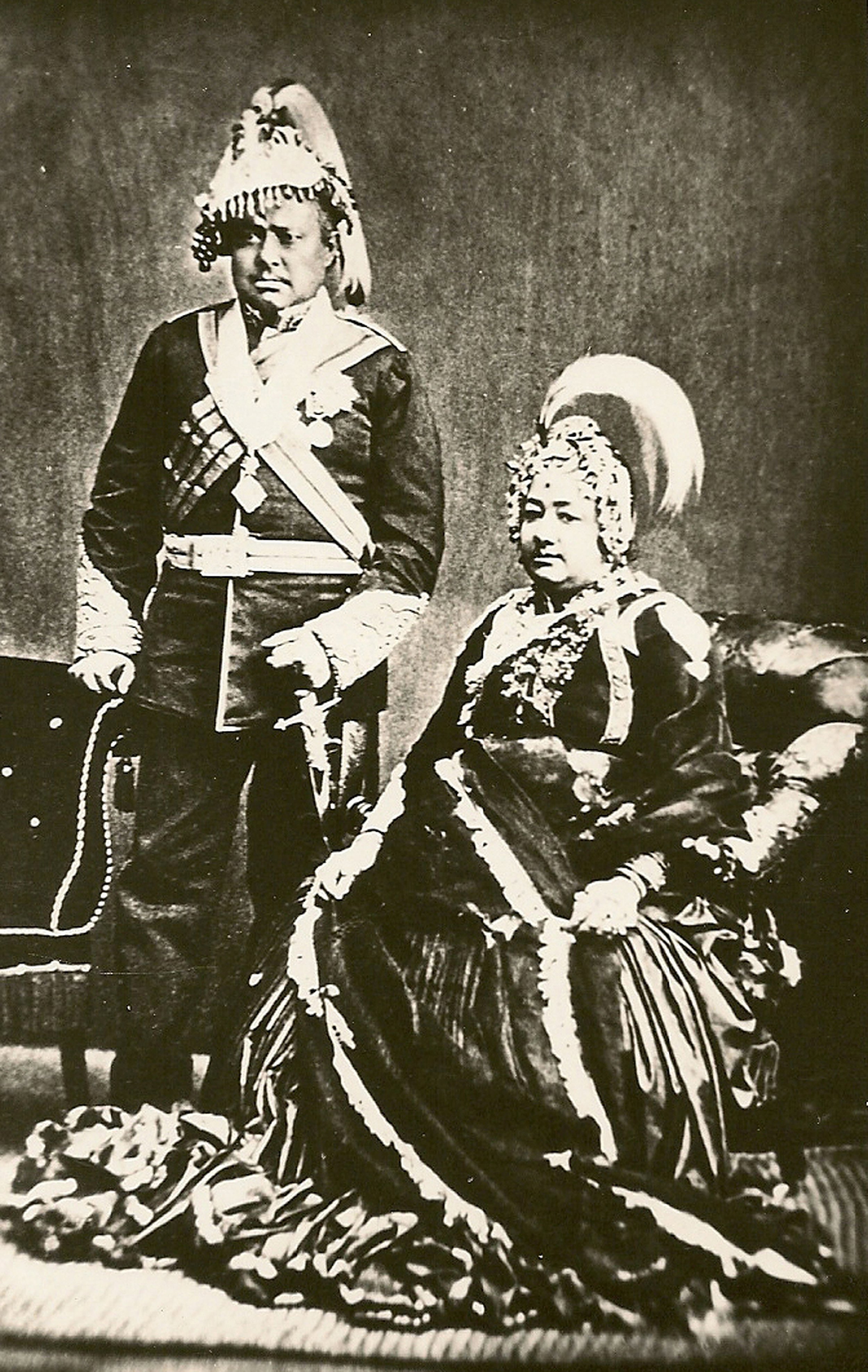 Ranaudip Singh, the second Rana Prime Minister, and his principal wife Hari Priya Devi photographed in 1888.