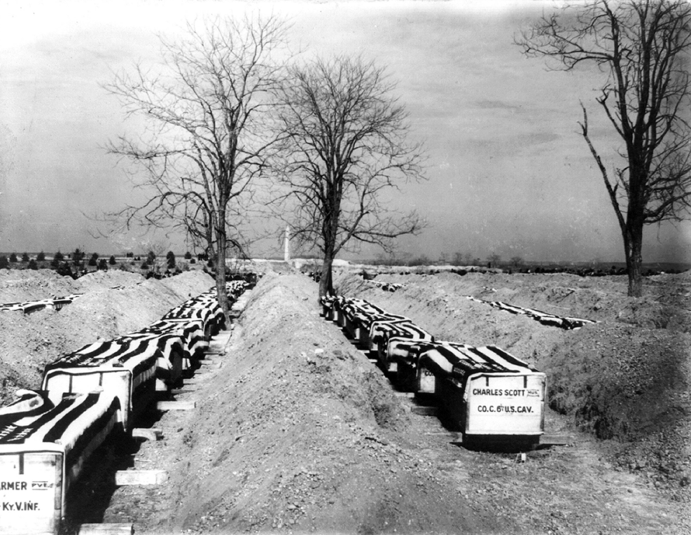 Coffins of soldiers killed in the American-Spanish War of 1898 are readied for burial.