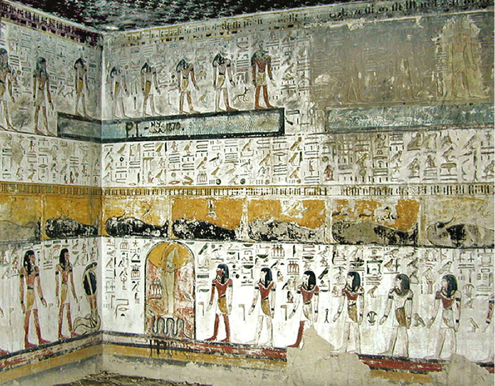 Wall decorations on the burial chamber of Seti I, the second pharaoh of the 19th Dynasty (r.1290-79 CE).