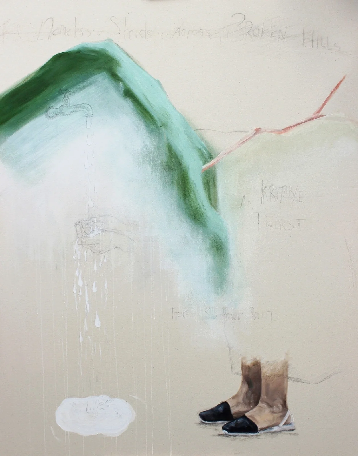 'Drinking from False Fountains' Oil, gesso and pencil on semi-primed canvas 110cm x 140cm