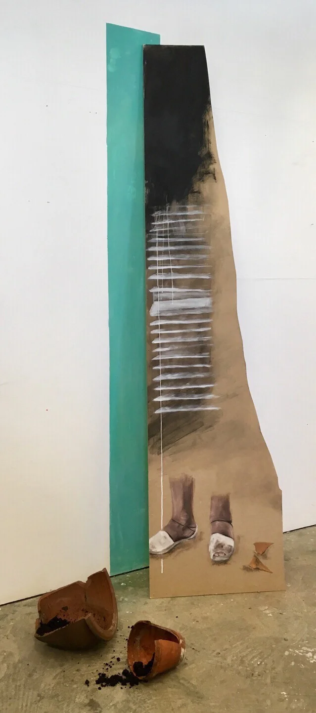 'Broken Blind'' Oil and gesso on wood 200cm height Oil on wall, clay pot, soil