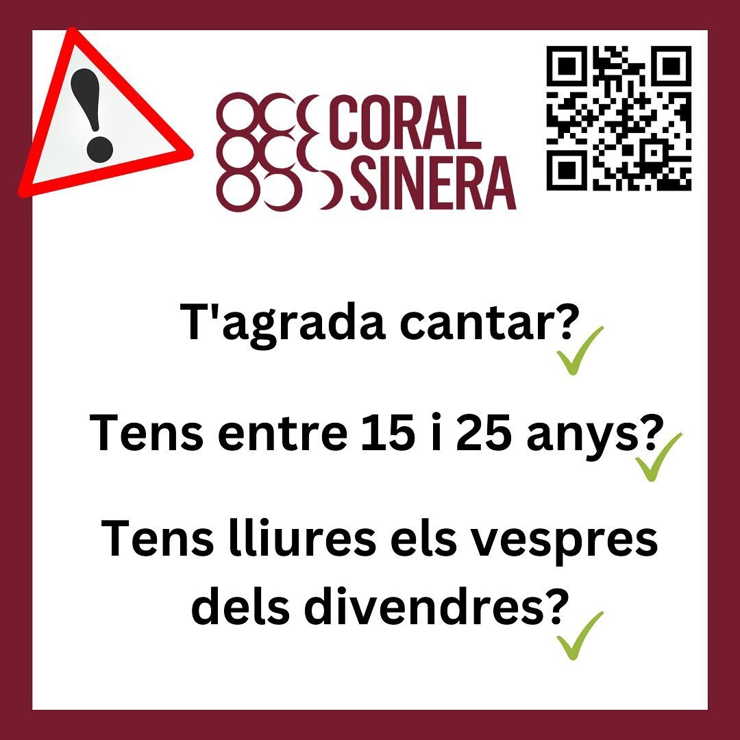 T'agrada cantar?✅
Tens entre 15 i 25 anys?✅
Tens lliures els vespres dels divendres?✅

A la Coral Sinera volem sentir la teva veu🎶

Envia'ns un missatge per tenir m&eacute;s informaci&oacute;ℹ️