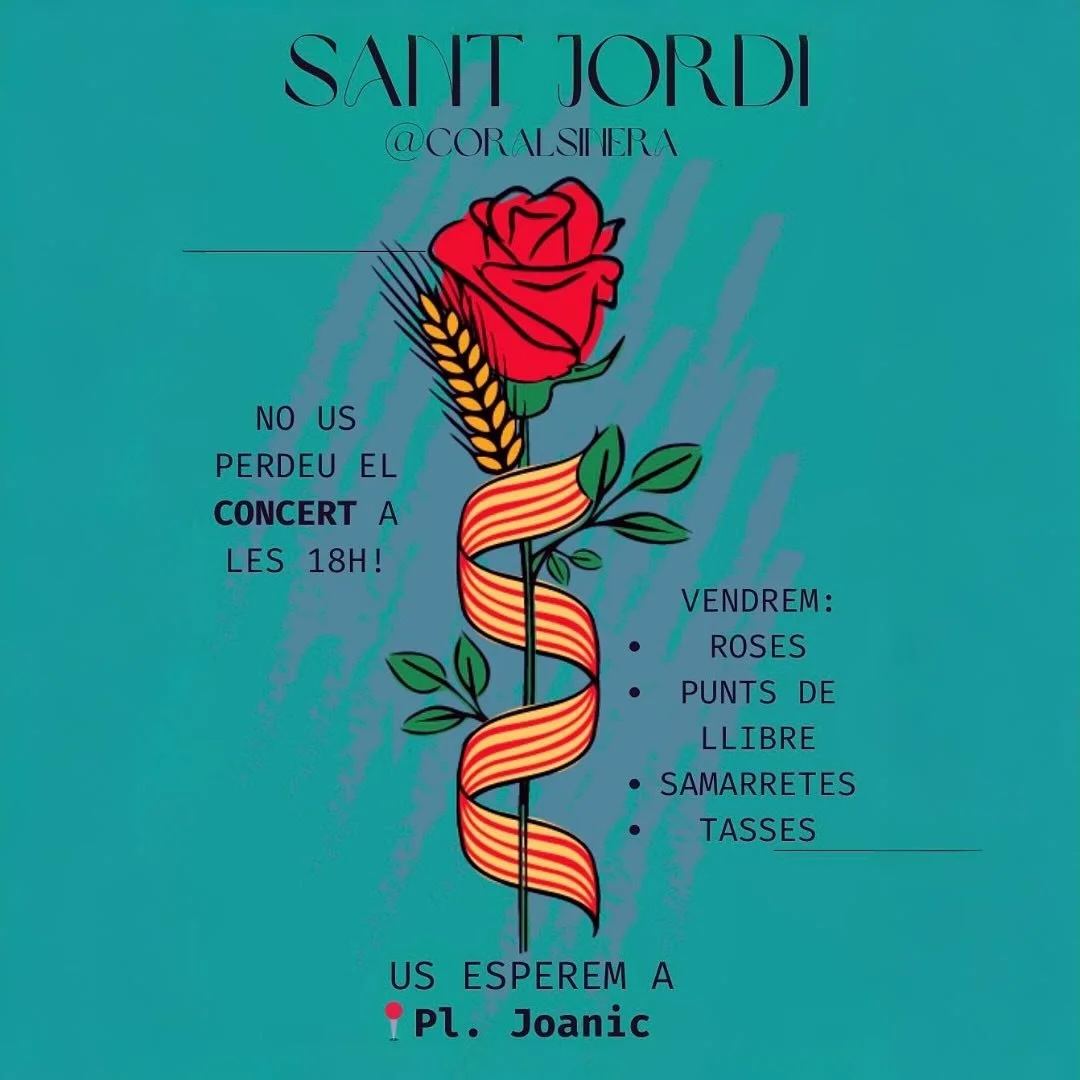 S&rsquo;acosta Sant Jordi i a Coral Sinera estem plens d&rsquo;il&middot;lusi&oacute;! 🌹🐉
El dimarts 23 d&rsquo;abril ens trobareu a la Pla&ccedil;a Joanic, celebrant un dels dies m&eacute;s bonics de l&rsquo;any amb una paradeta plena de roses pre