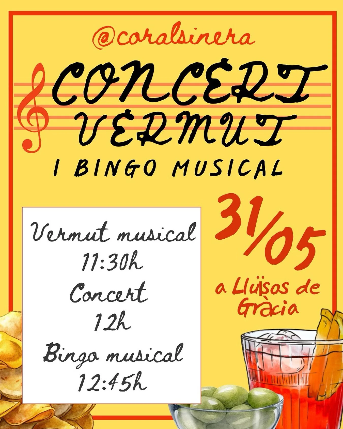 ❗️NOVA DATA!❗

🎶CONCERT VERMUT + BINGO MUSICAL! 🎉
La Coral Sinera us convida a celebrar la primavera com cal! 🌸🥂

📅 Dissabte 31 de maig
 🕛 D'11:30h a 15h
 📍 Pati de Llu&iuml;sos de Gr&agrave;cia (Pl. Nord, 7)

Venniu a gaudir de:
 🎤 M&uacute;