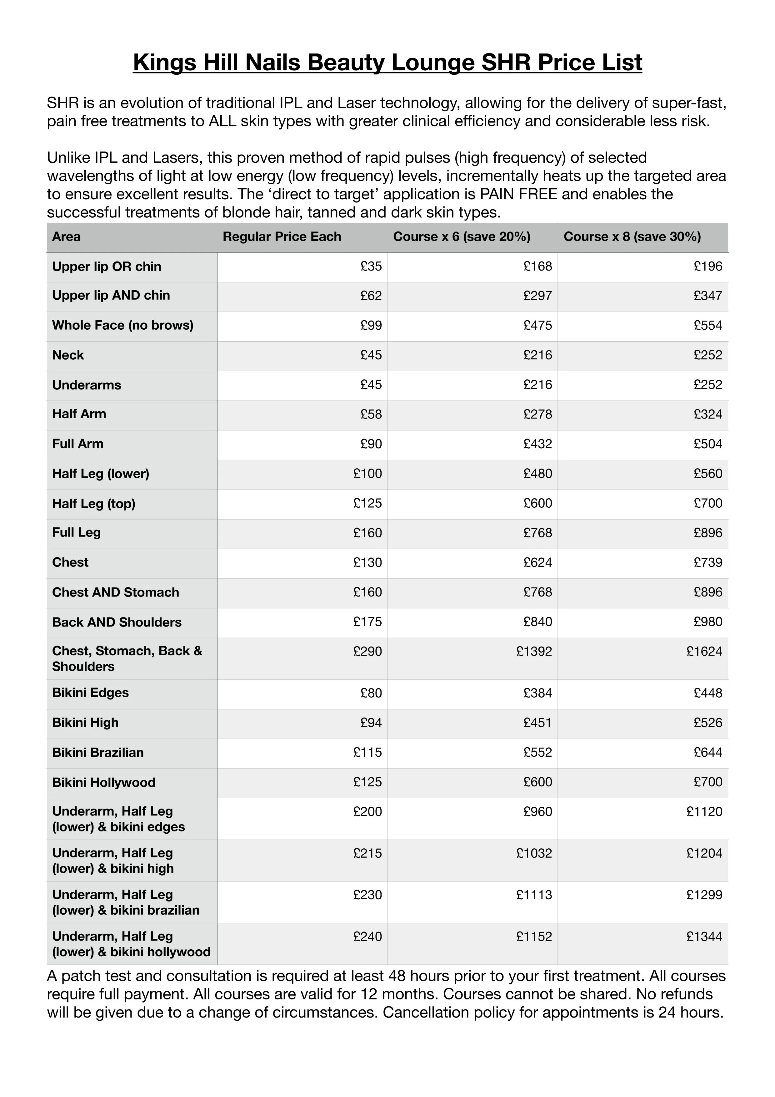 Hair No More standard prices