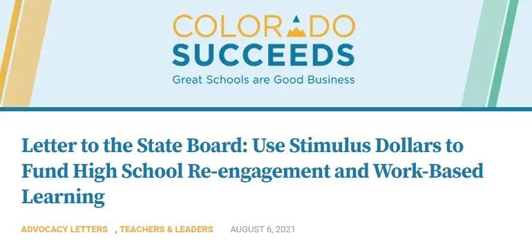 Letter to the State Board: Use Stimulus Dollars to Fund High School Re-engagement and Work-Based Learning
