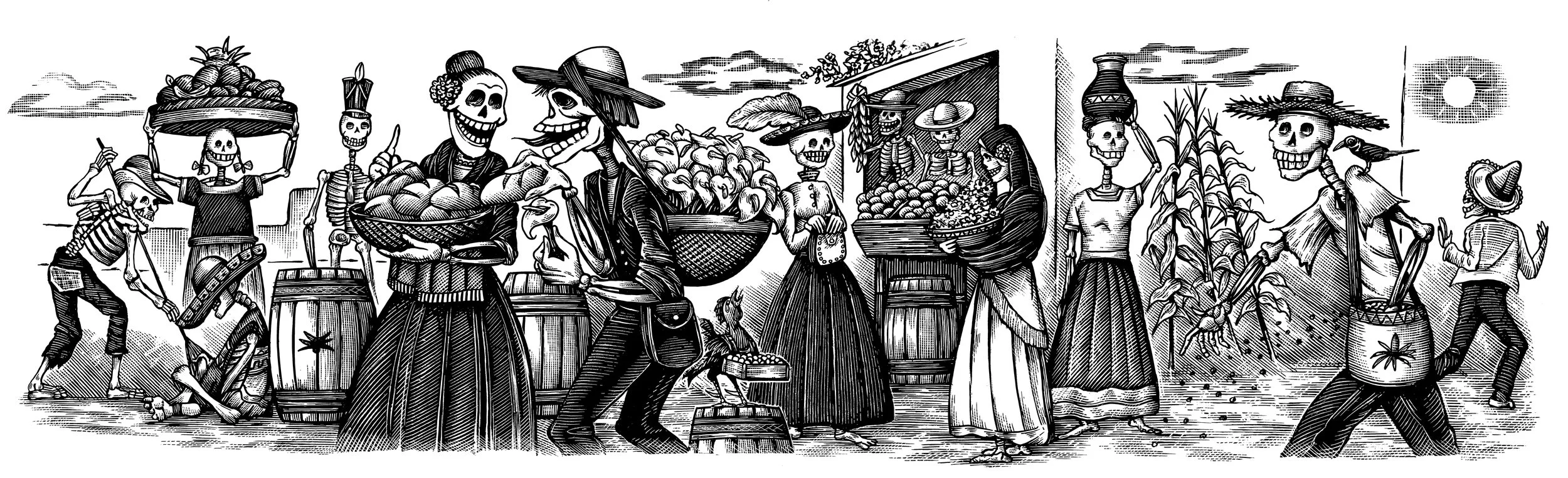 "Recuerdo," the label for Espolòn Tequila Reposado, depicting the Mexican marketplace, and made as tribute to Jose Guadalupe Posada calavera skeletons.