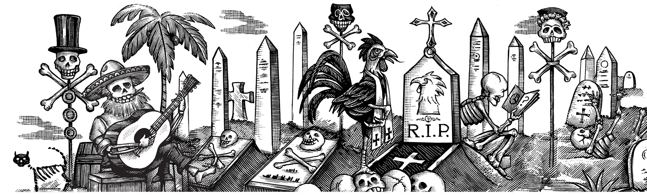 "Resurrexion," the label for Espolòn Tequila Añejo X, showing the mexican celebration of the afterlife, and made as tribute to Jose Guadalupe Posada calavera skeletons.