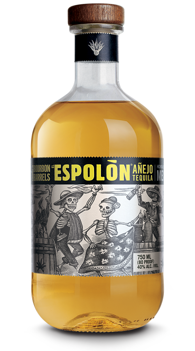 Espolòn Tequila Añejo, 100% Blue Weber Agave. Aged 1 year and finished in bourbon barrels, it’s perfect for sipping.