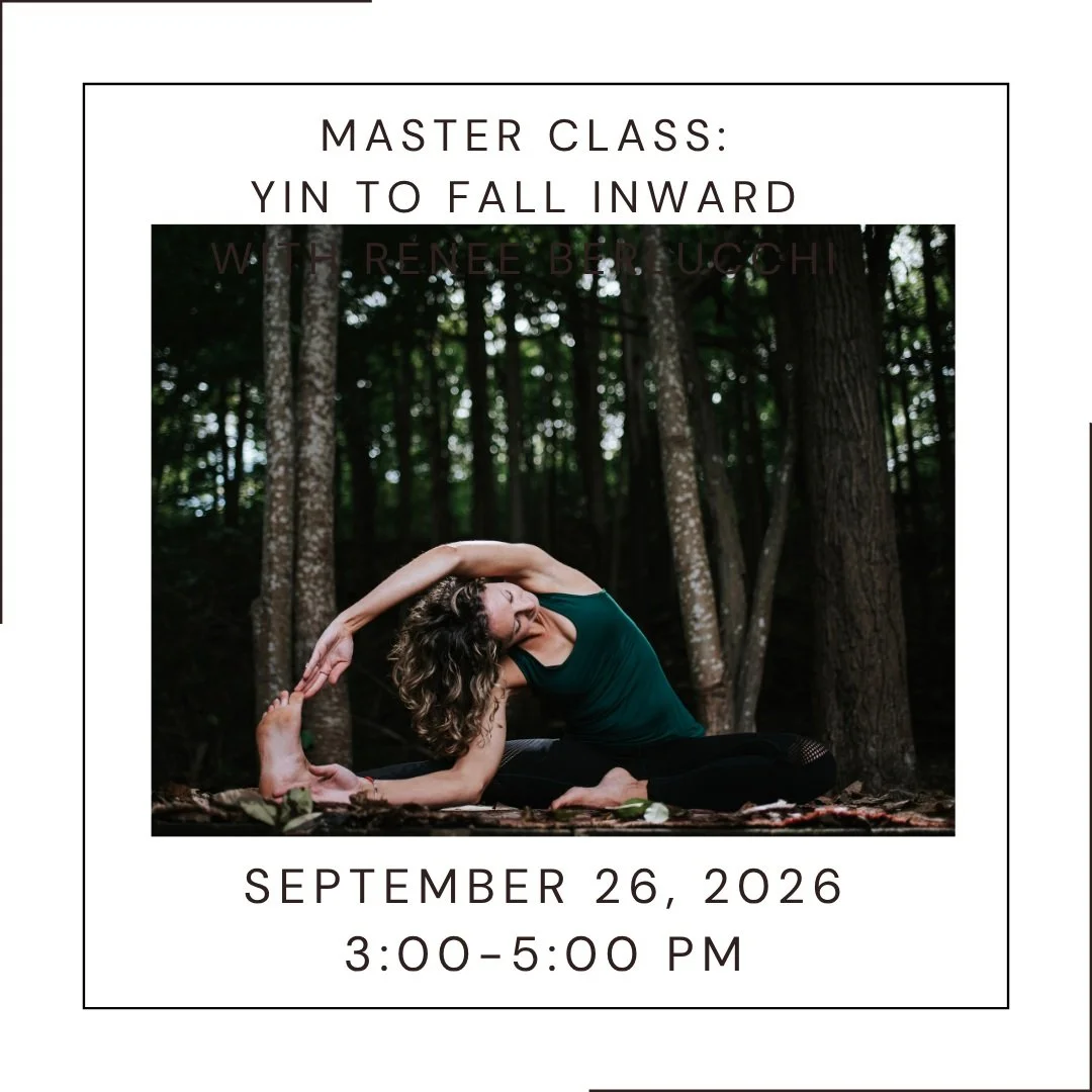 Mark your calendar!!! 

MASTER CLASS: YIN TO FALL INWARD WITH RENEE BERLUCCHI 

SEPTEMBER 26, 2026 3:00-5:00 PM 

Fall is a time where our Yang lives meet our Yin lives.

As we transition from Summer to Fall, the weather becomes cooler, the days beco