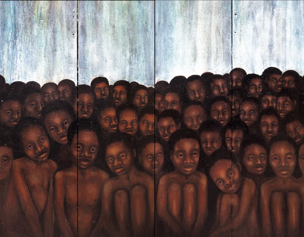 Nikesha Breeze, 2018,&nbsp;The Boys:&nbsp;Within this Skin, oil, pigment, ink, on closet door.&nbsp;Photo courtesy of the artist.&nbsp;