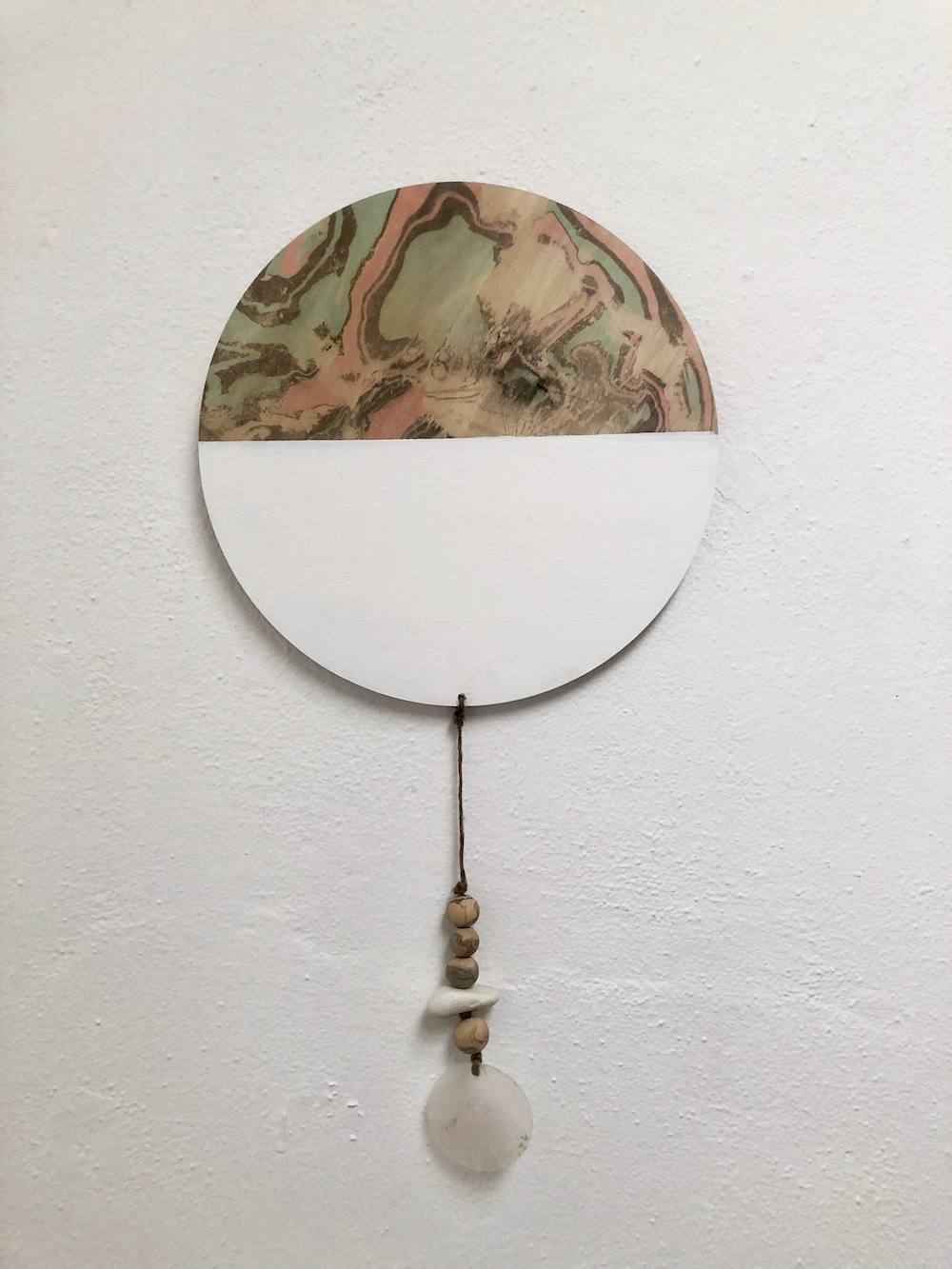 Moon Child 2,&nbsp;Ink and paint on Board,&nbsp;Seashells hand died beads,&nbsp;Hag stones and drift wood 