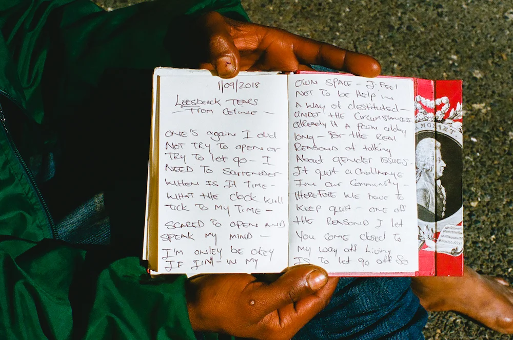 A page from one of Celine's journals holds one of her original poems/songs, Liesbeek Tears, named for the parkway which bisects the neighborhood of Observatory.