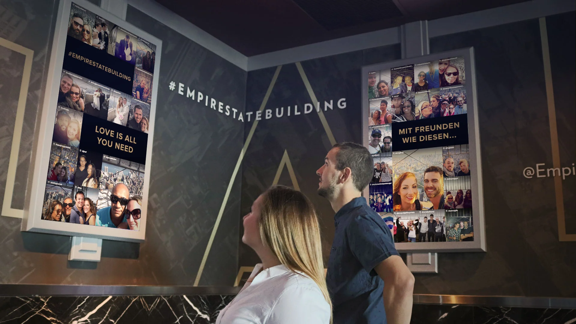  Aggregated social content in global visitor languages appears on vertically hung monitors clad in art deco framing to match the architecture of the iconic landmark.  