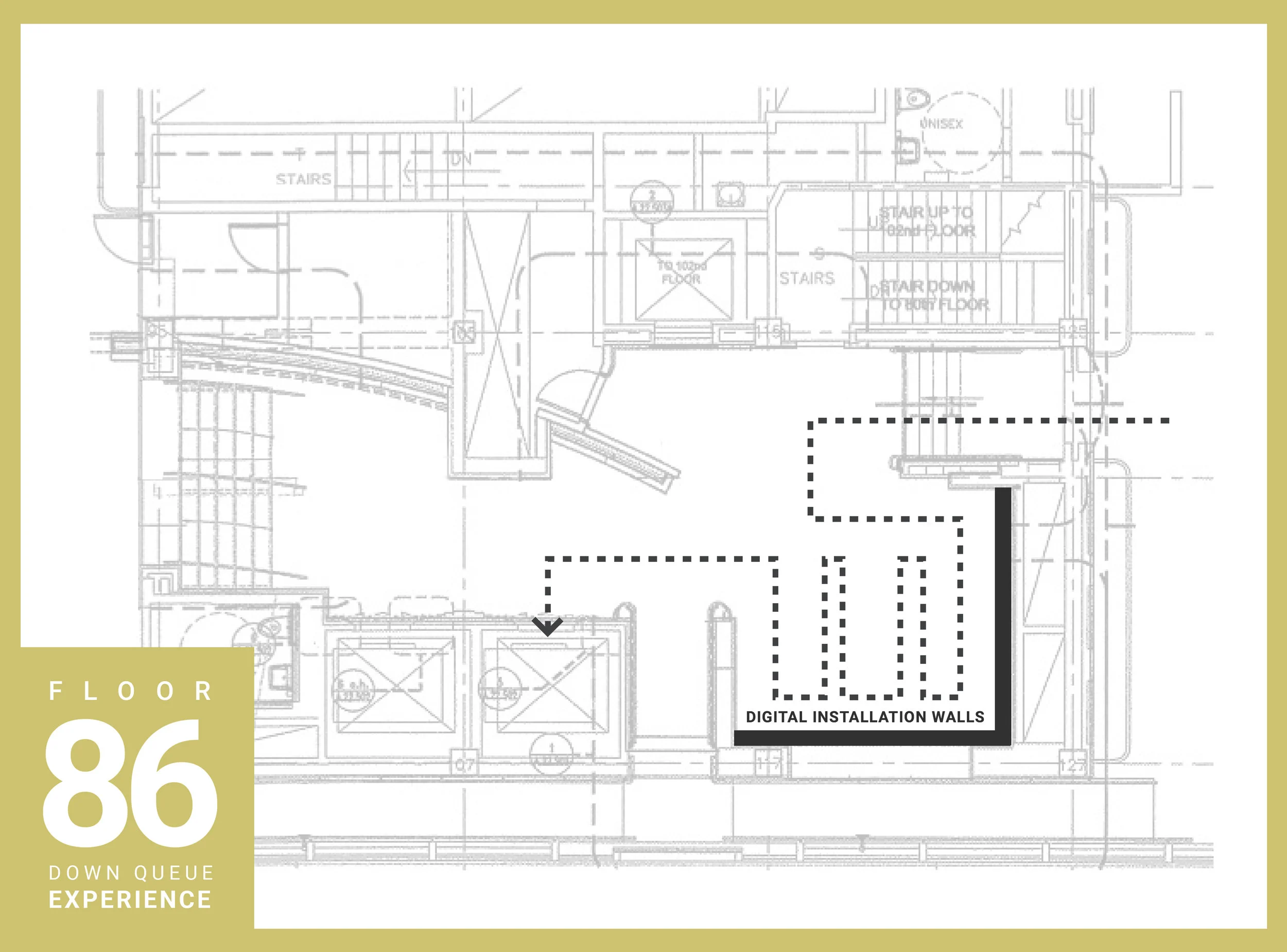  Visitors interact with displays at a natural dwell point in the down queueing process after taking in the views from the observation deck. 