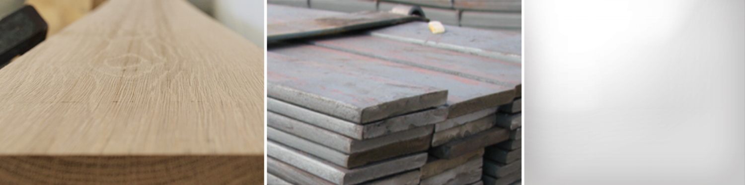 Material palette: white oak, flat stock aluminum, white lacquer finish.