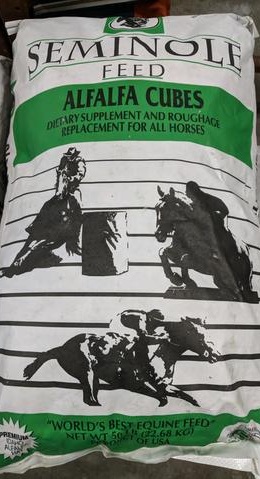 We feed alfalfa cubes to our horses during the winter due to a lack of grass. The pastures are not as green and the horses go outside less. We feed the alfalfa cubes soaked so that the horses won’t choke on them and so that they keep themselves hydrated.