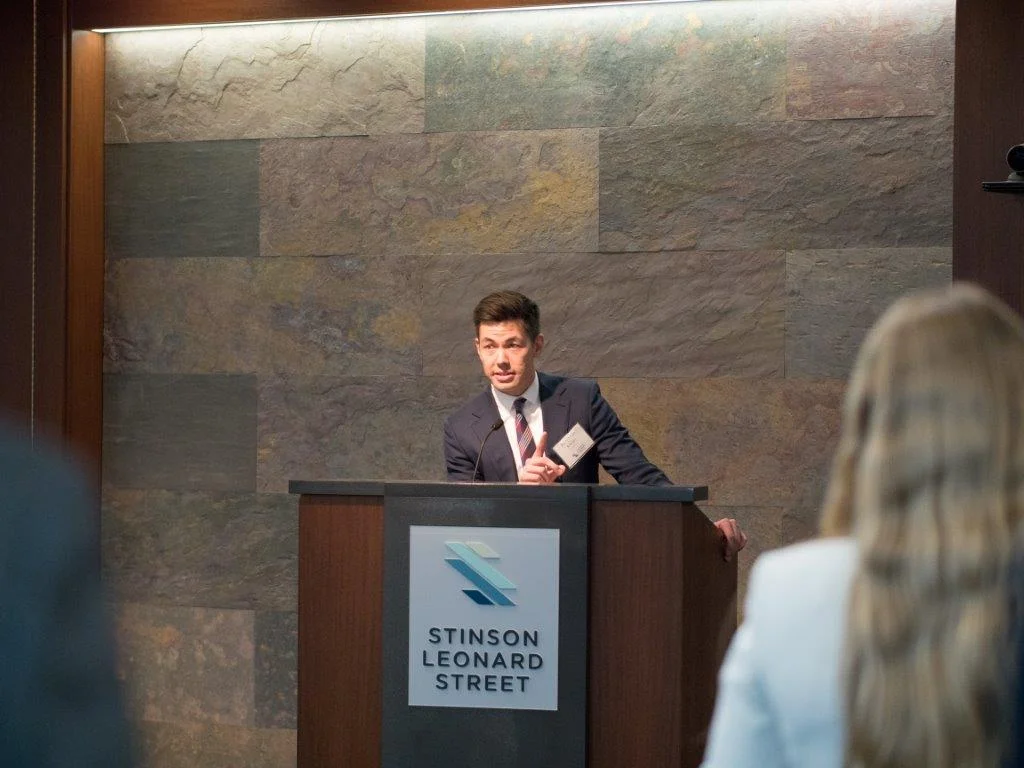 Haller Kwan LLP Managing Partner Ben Kwan speaking at the April 24 Stinson Leonard Street Diversity Scholars Reception. Kwan is an alumnus of the program.