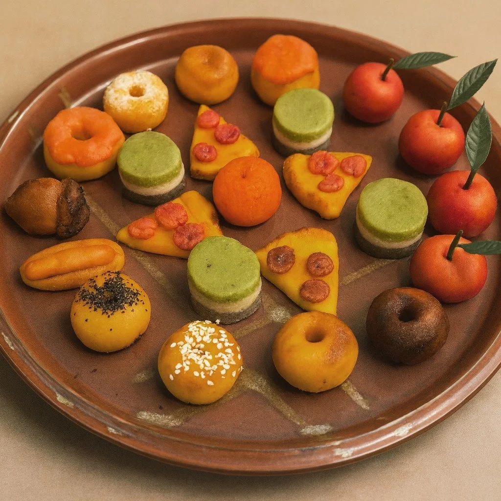 A plate I made for a special someone's Birthday not too long ago featuring the New York Marzipan set I've been perfecting. Soon to be live on the Etsy shop. Bagels, Donuts, Pizza and Apples. Or Hot Dogs? What's your vote. Or other suggestions for rea