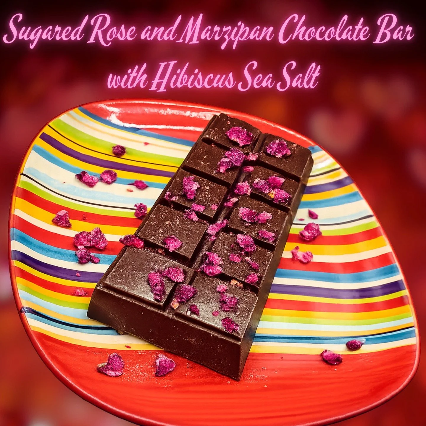Rose on the nose.
Cocoa and almond at the core.
A bright, saline whisper of hibiscus at the finish.

This is my newest chocolate bar: dark chocolate + house-made almond marzipan, crowned with sugared rose petals and hibiscus salt from Cabo Rojo, PR, 