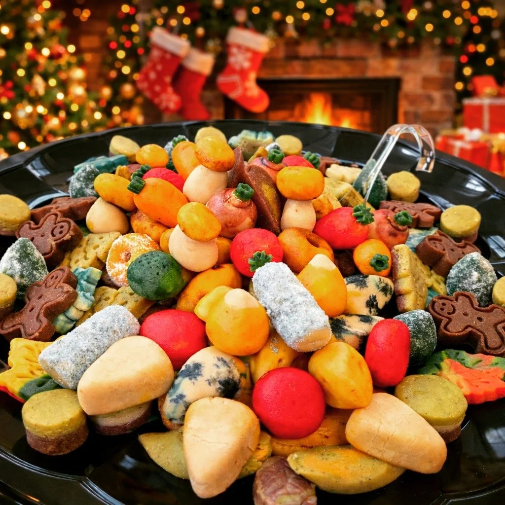 Think about something like this for next year. A beautiful platter of marzipan with a mini cheese board of marzipan in the foreground. Not pictured: The marzipan cuting board or the edible dirt, I mounded for the center (Stroopwafel crumbs &amp; coco