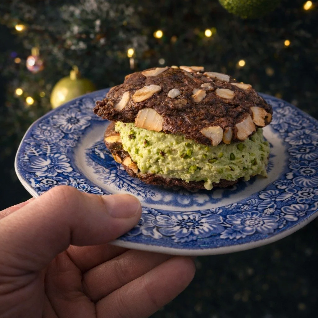 This is the kind of thing I get up to, if left unattended.

A few days ago, I remembered I had made some homemade pistachio ice cream, and while retrieving it from the freezer, also found some "factory seconds" chocolate marzipan cookies. 
