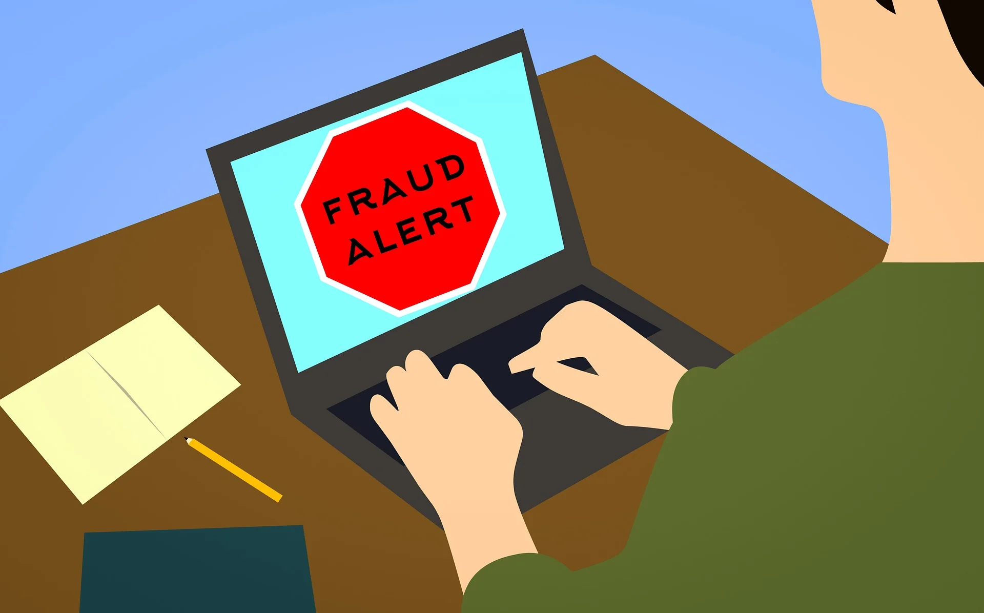 Colorful block-print image of a laptop computer screen with large red warning that says “Fraud Alert!”