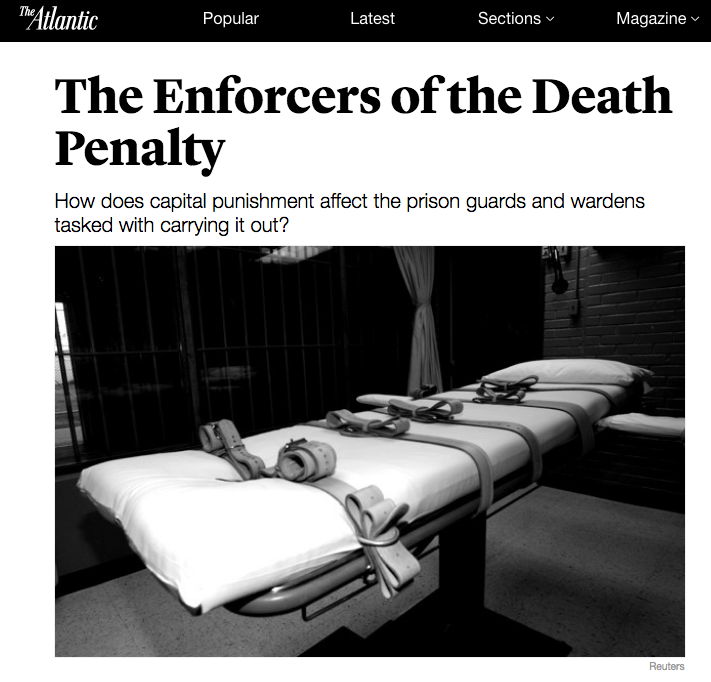 …But one particular document—from the early 1900s, she estimates—caught her eye. "The wording was so unusual," says Dennehy, who now works for the National Council on Crime & Delinquency. "It was for a prisoner who had died in custody at the old state prison, and next to 'cause of death', it read 'judicial homicide.'" It's a telling turn of phrase. Sometime during the 20th century—historical sources disagree as to the exact year—the term "capital punishment" entered American legal parlance, and with it a sanitized rebranding of state-sanctioned killings. Dennehy had never heard the term “judicial homicide” used before encountering it in the vault, nor—during her 30-year career in corrections that followed—did she hear it used again. Taken separately, the words "capital" and "punishment" are both qualifiers for the condemned, but "judicial homicide" points to someone else entirely. It's the guard standing at the door to the death chamber, the strap-down team member holding the prisoner's ankles, and the physician inserting the needle. It's the people who walk into the death chamber and walk back out, and sure, their task is judicial. But just because we call it "punishment" now, does it affect their psyches any less than when we called it "homicide”? "We are caretakers for a population of people who instantly go out of sight, out of mind for the general public," says Jennie Lancaster, a retired prison warden with the North Carolina Department of Corrections. In 1984, she oversaw the execution of Velma Barfield, the first woman in 35 years to be executed in the United States and the first to die of lethal injection. "At job interviews we don't ask things like, 'So how do you feel about wheeling away a body?'" Lancaster says. "But maybe we should. It's not a role many of us picture ourselves playing." And why would they? When it comes to the death penalty, much media attention has been paid to families of the victims and the condemned. Not so with corrections officers. It takes stories of executions gone wrong, such as Clayton Lockett's heart attack after a failed lethal injection in Oklahoma last April, or Joseph R. Wood III's injection of 15 times greater than the standard dosage, to shift the lens. Then, we wonder: What must it have been like to be in that room? To watch a person's body convulse, rather than calmly shut down? What is it like to wait two hours and 600 gasps of air for a man to die? …So how do you cope with that kind of job stress? In the American legal system, we burden a small handful of people with what is arguably the hardest part of corrections: There are only 38 execution chambers in the country, five of which—in New Hampshire, Kansas, Nebraska, California, and New York—are never used. When almost nobody can relate to your job, is it easier to quell your feelings about executions than express them? A 2005 study published in Law and Human Behavior titled "The Role of Moral Disengagement in the Execution Process" sought to answer that question. Conducted by then-Stanford psychology student Michael Osofsky, social cognitive theory pioneer Albert Bandura, and Stanford prison experimenter/psychologist Philip Zimbardo, the five-year study aimed to pinpoint the psychological strategies officers use to repeatedly perform, and cope with, executions. "The core thesis is that individuals must morally disengage in order to perform actions and behaviors that run opposite and are counter to individual values and personal moral standards," Osofsky says. "Capital punishment is a real-world example of this type of moral dilemma where everyday people are forced to perform a legal and state-sanctioned action of ending the life of another human being, which poses an inherent moral conflict to human values." …”The whole thing made me step out of my role professionally, and touched me on an emotional level," Martin says. "I began to realize that this is how these things happen, executions. We do these things that personally you would normally never be involved in, because they're sanctioned by the government. And then we start walking through them in a mechanical fashion. We become detached. We lose our humanity.” …When asked if those 89 executions affect him at all today, his response is either a stunning testament to the durability of the human spirit or a haunting confirmation of Osofsky's research. Or both. "To be honest with you," Willett says, "They rarely cross my mind. They rarely cross my mind at all.” https://www.theatlantic.com/health/archive/2014/10/the-enforcers-of-the-death-penalty/379901/